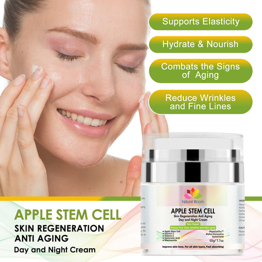 Healthy and radiant skin with Natural Bloom Anti Aging Skin Regeneration Cream with Apple Stem Cells, Niacinamide, Vitamin E, Vitamin C, Hyaluronic Acid, Amino Acid, Ferulic Acid, Jojoba Seed Oil, Aloe Barbadensis Leaf Juice, Jojoba Seed Oil, MSM